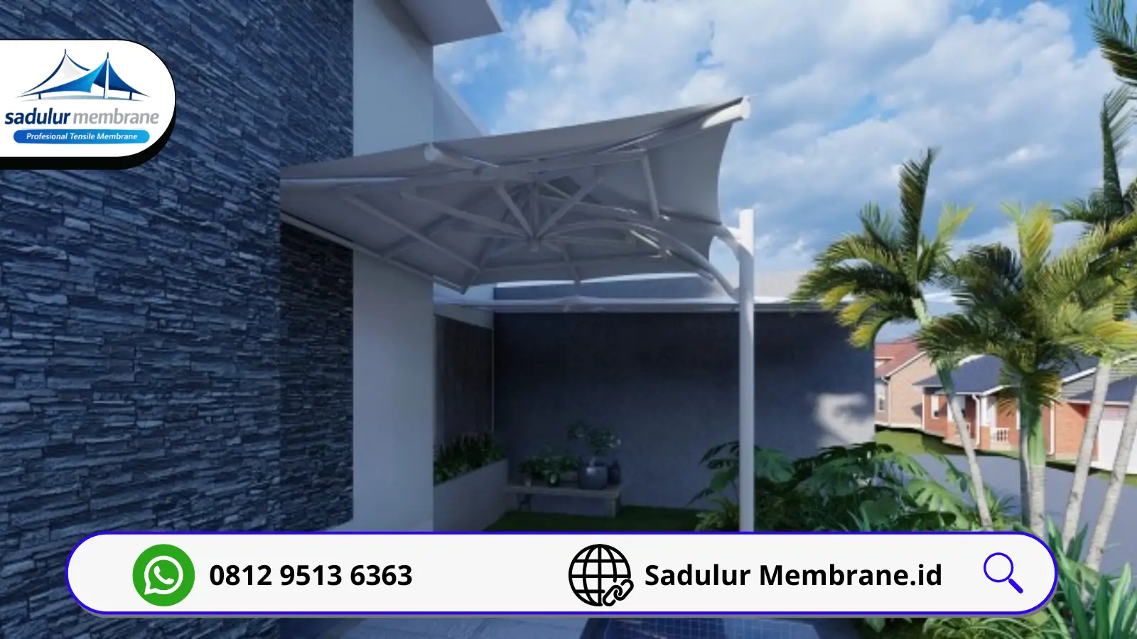 Desain modern tropis kanopi membran untuk lounge villa Bali