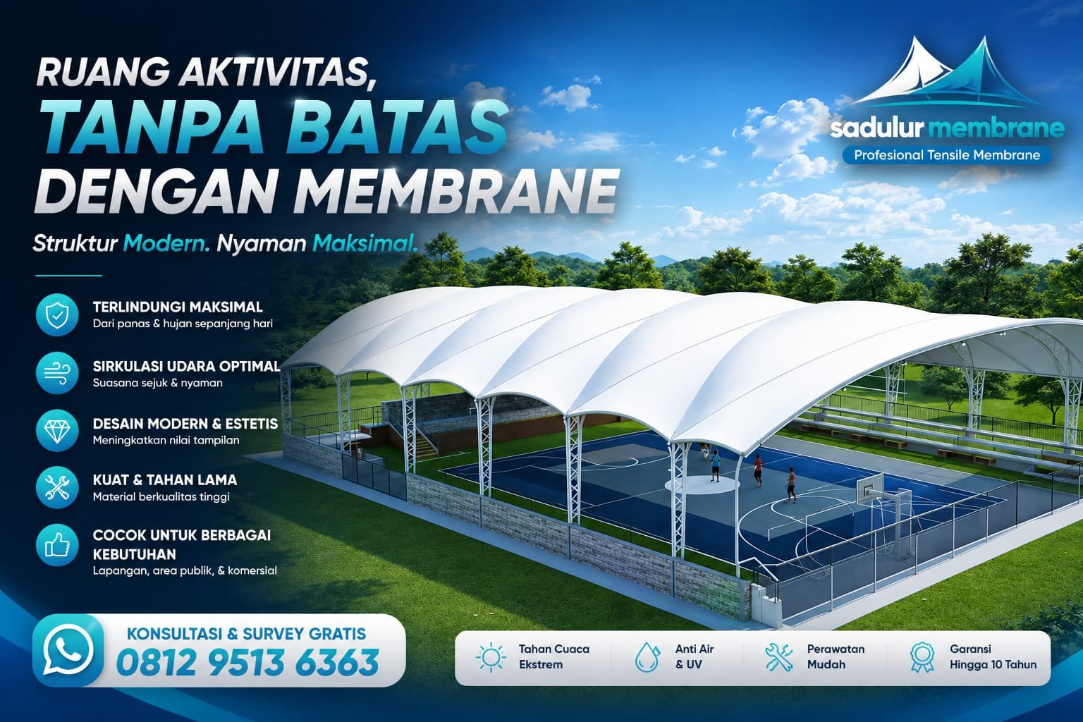 Kanopi membrane lapangan futsal modern berkualitas dari Sadulur Membrane