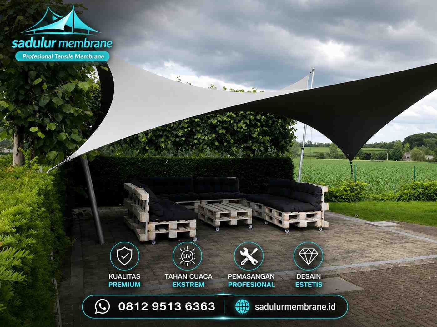 Kanopi membran Bali dengan desain melengkung modern untuk area villa