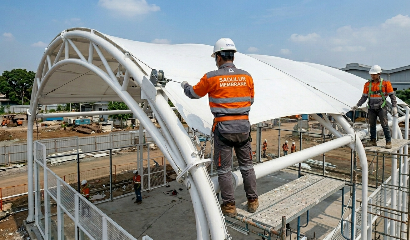 Tim Sadulur Membrane sedang proses pemasangan kanopi membran di Depok